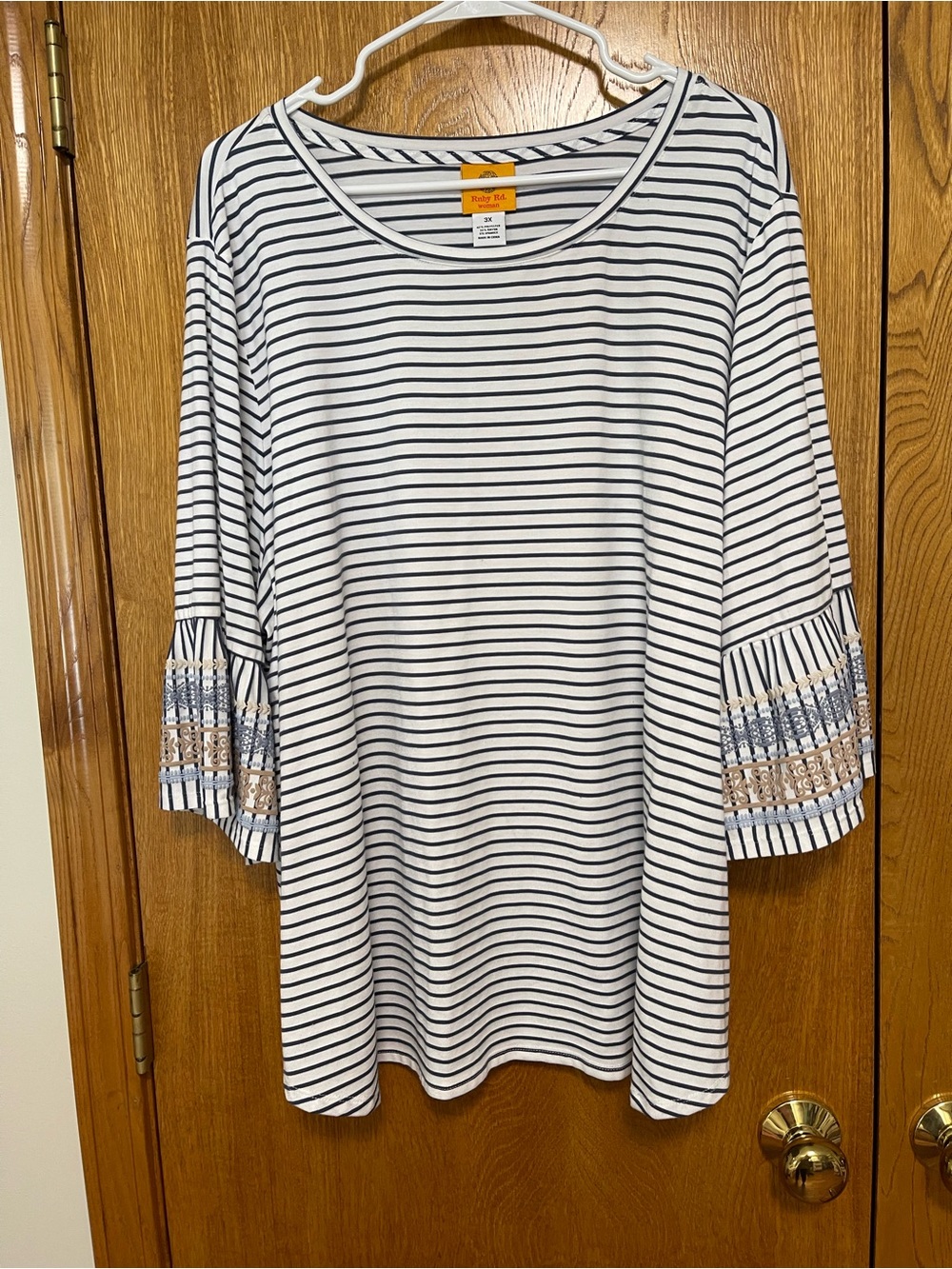 Ruby Rd. White & Navy Striped Tunic with Embroidered Bell Sleeves
